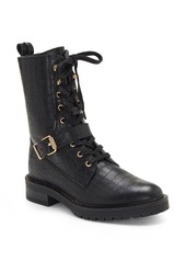 Vince Camuto Dedianna Croc Embossed Leather Combat Boot in Black at Nordstrom