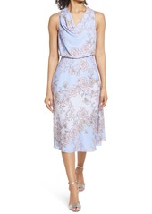 Vince Camuto Floral Cowl Neck Bow Back Crepe Midi Dress in Blue Multi at Nordstrom