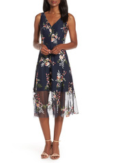 Vince Camuto Floral Embroidered Mesh Midi Dress in Navy/Multi at Nordstrom