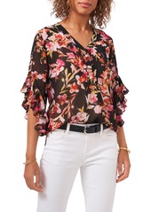 Vince Camuto Floral Flutter Sleeve Chiffon Blouse in Rich Black at Nordstrom