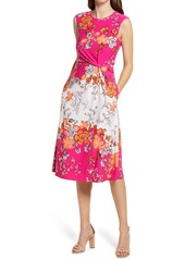 Vince Camuto Floral Mix Print Knot Waist Fit & Flare Midi Dress in Pink Multi at Nordstrom