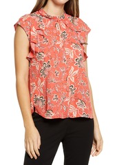 Vince Camuto Floral Ruffle Blouse in Coral Blaze at Nordstrom
