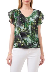 Vince Camuto Palm Print Flutter Sleeve Top in Rich Black at Nordstrom