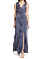 Vince Camuto Rhinestone Belt Wrap Front Sleeveless Gown in Steel at Nordstrom