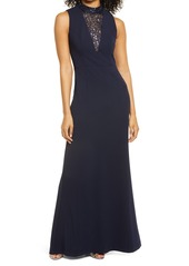 Vince Camuto Sequin Inset Mock Neck Sleeveless A-Line Gown