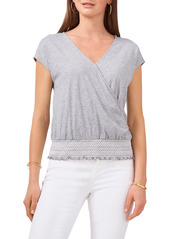 Vince Camuto Wrap Front Embroidered Waist Cotton & Modal Top in Silver Heather at Nordstrom