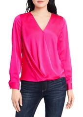 Vince Camuto Wrap Front Long Sleeve Hammer Satin Blouse in Legacy Pink at Nordstrom