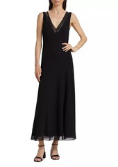 Vince Chiffon Leather-Trim Slipdress