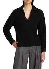 Vince Leather-Trim Rib-Knit Polo Sweater