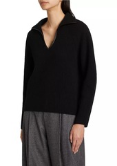 Vince Leather-Trim Rib-Knit Polo Sweater