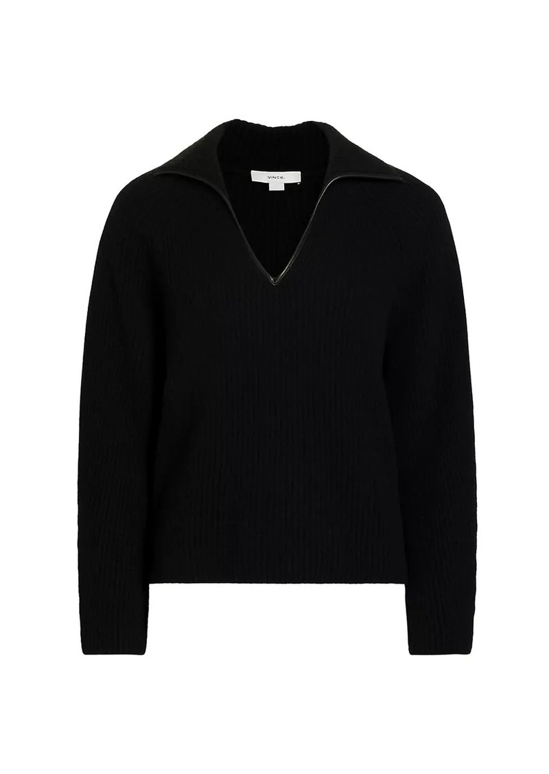 Vince Leather-Trim Rib-Knit Polo Sweater