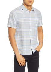 Vince Batik Slim Fit Plaid Short Sleeve Linen Button-Up Shirt in Still Water at Nordstrom