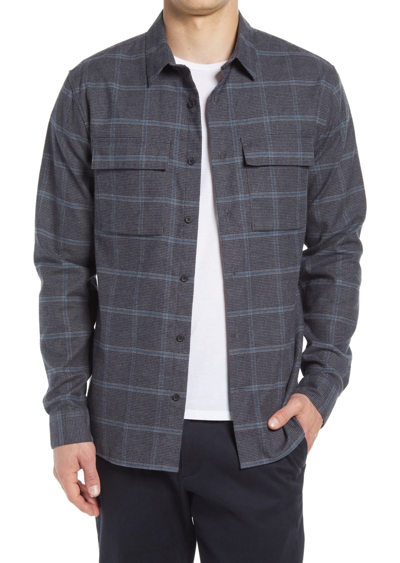 Vince Houndstooth Windowpane Double Pocket Button-Up Shirt in River Blue at Nordstrom