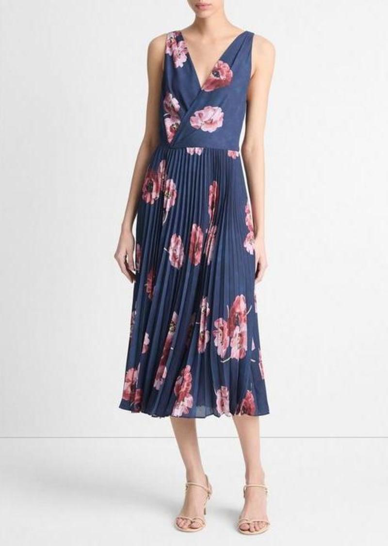 Vince Painted Poppy Pleated V-Neck Dress