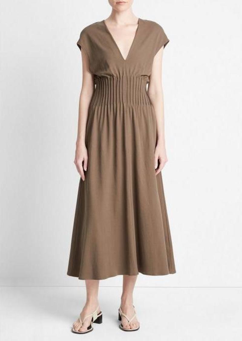 Vince Pintuck Cotton V-Neck Dress