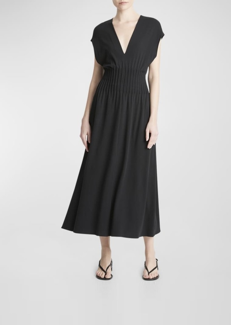 Vince Pintuck V-Neck Short-Sleeve Midi A-Line Dress