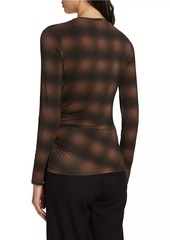 Vince Plaid Side-Drape Long-Sleeve Crewneck Top