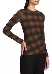 Vince Plaid Side-Drape Long-Sleeve Crewneck Top