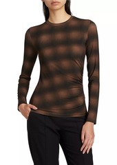 Vince Plaid Side-Drape Long-Sleeve Crewneck Top