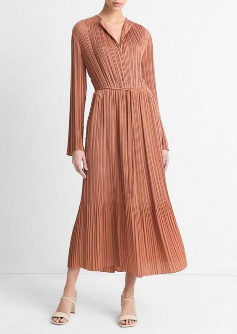 Vince Pleated Satin Long-Sleeve Dress