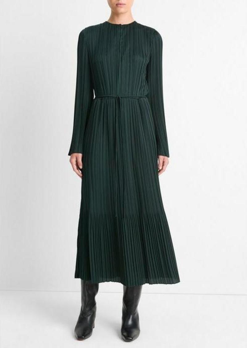 Vince Pleated Satin Long-Sleeve Dress