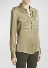 Vince Silk Chest Pocket Long-Sleeve Blouse