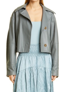 Vince Asymmetric Crop Leather Jacket in Sea Stone at Nordstrom