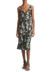 Vince Bellflower Floral Double V-Neck Satin Midi Slipdress