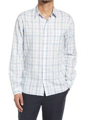 Vince Classic Fit Plaid Linen Blend Performance Button-Up Shirt in Off White/Pebble Blu at Nordstrom