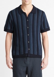 Vince Crochet Stripe Short Sleeve Button-Up Cotton Sweater