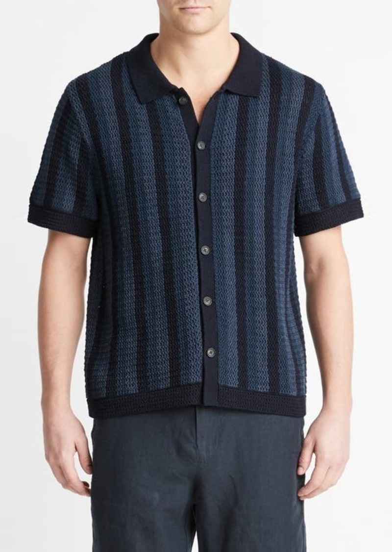Vince Crochet Stripe Short Sleeve Button-Up Cotton Sweater