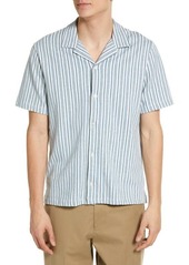 Vince Men's Cabana Stripe Cotton Short Sleeve Button-Up Shirt in Smoke Blue/Off White at Nordstrom