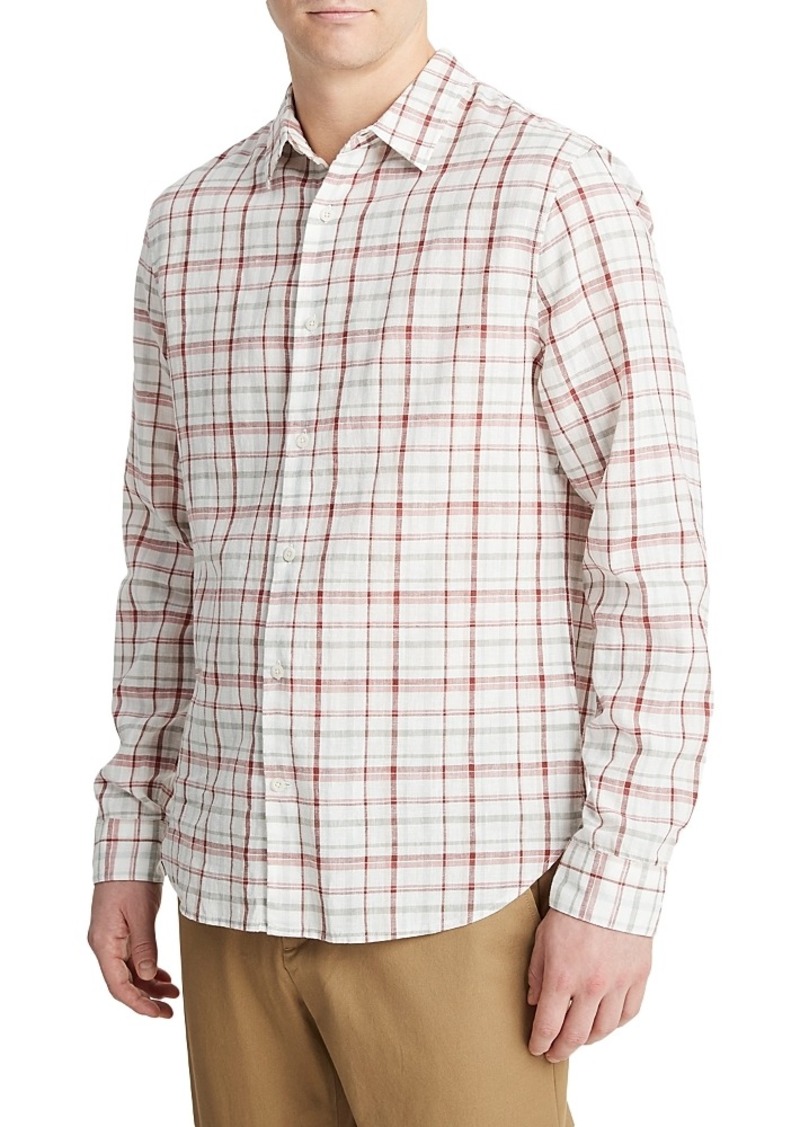 Vince Oakmont Linen & Cotton Plaid Regular Fit Button Down Shirt