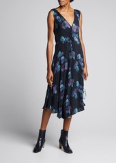 Vince Painted Floral Twist Front Sleeveless Crinkle Dress