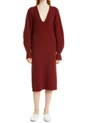 Vince Ribbed Plunge Neck Long Sleeve Wool Blend Dress