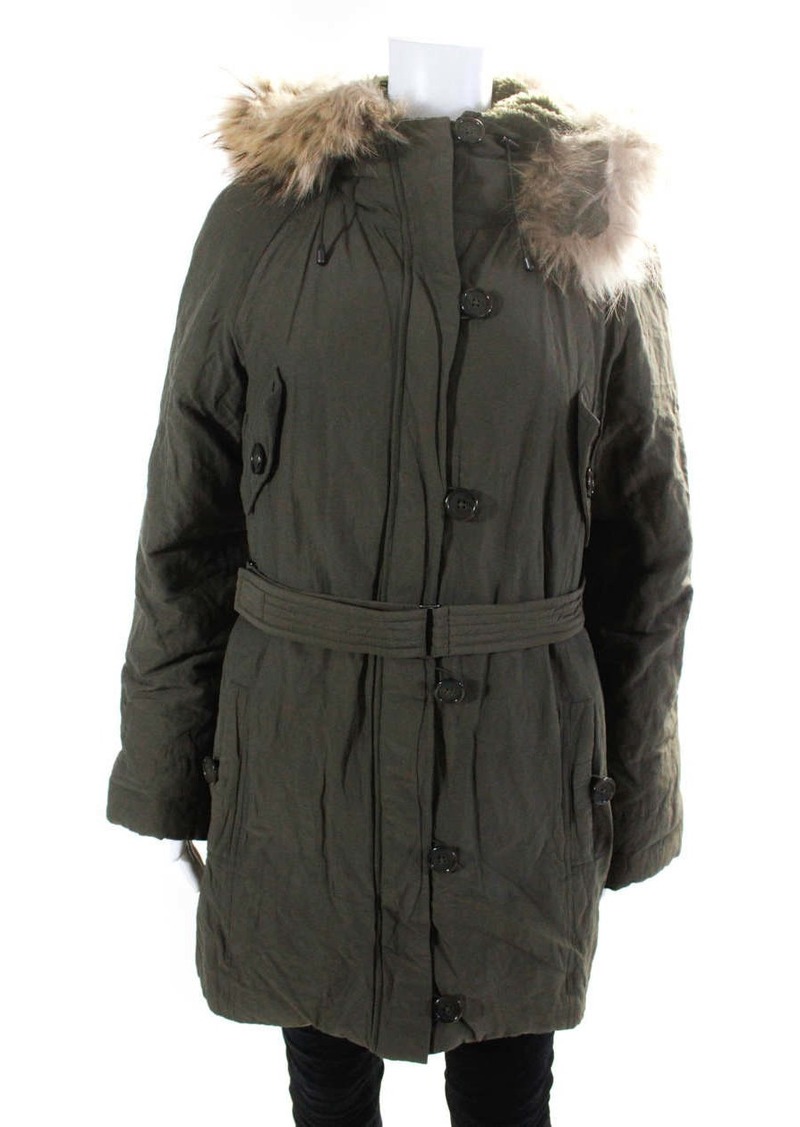 Vince Womens Front Zip Belted Fox Fur Trim Hooded Jacket Green