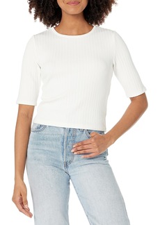Vince Womens Rib Elbow SLV Cropped Top Blouse Off-White  US