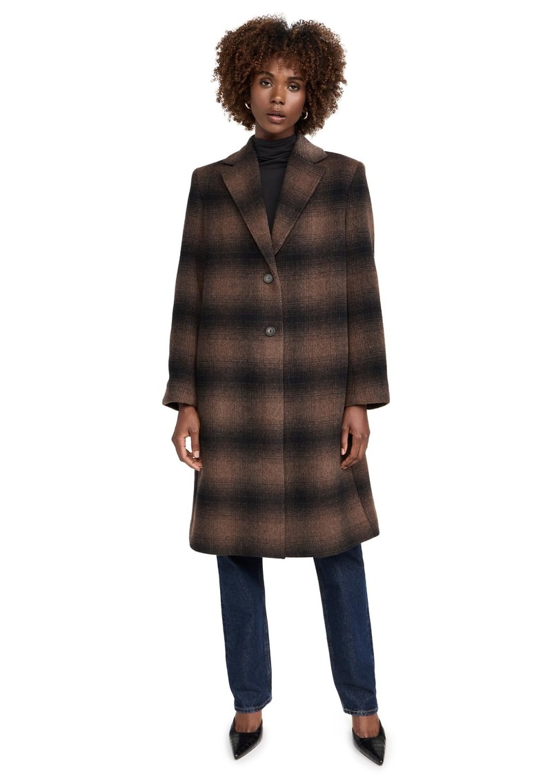 Vince Womens SHADOW PLAID CAR COAT DEEP WALNUT SMALL