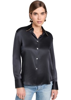 Vince Womens Tipped Slim Long Sleeve Blouse Graphite/RYE