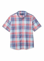 Vineyard Vines Men's Rocky Plaid Slim Fit On-The-Go Preformance Short Sleeve Tucker Button Down Shirt  Extra Small
