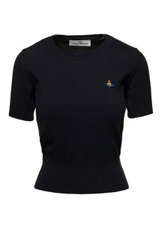 Vivienne Westwood Black Cropped T-Shirt with Orb Embroidery in Cotton and Cashmere Woman
