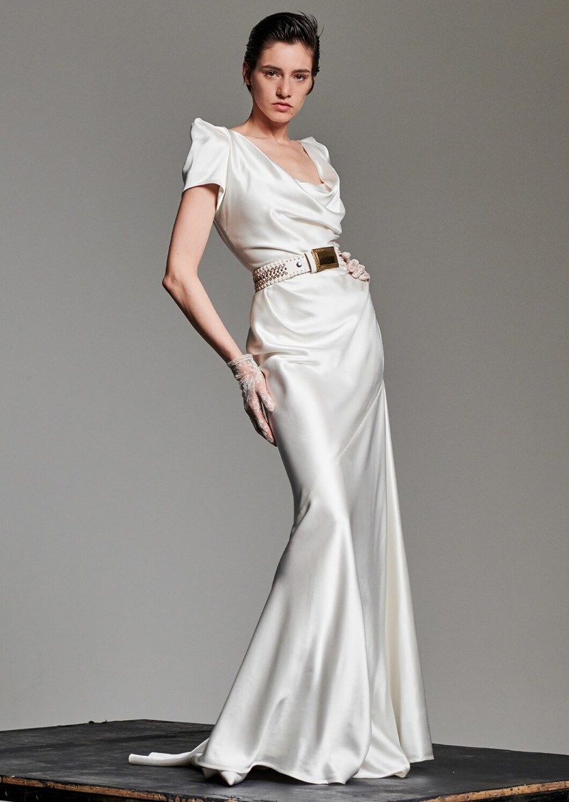 long cocotte dress in ivory silk crepe satin