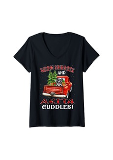 Womens Warm Snuggles And Akita Cuddles Christmas V-Neck T-Shirt
