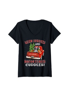 Womens Warm Snuggles And Boston Terrier Cuddles Christmas V-Neck T-Shirt