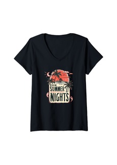 Womens Warm Summer Nights with Beach and cool Boat V-Neck T-Shirt