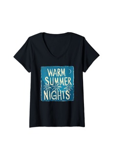 Womens Warm Summer Nights with Palm Trees and Moon V-Neck T-Shirt