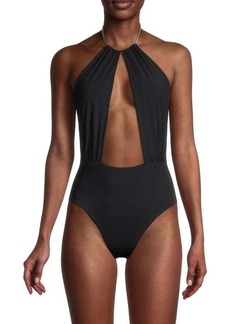 WeWoreWhat Solid-Hued Cutout Halterneck One-Piece Swimsuit