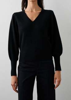 White + Warren Cashmere Blouson Sleeve V-Neck Top In Black