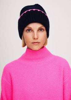White + Warren Cashmere Crochet Trim Luxe Ribbed Beanie In Navy/ Pink
