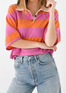 White + Warren Cashmere Cropped Striped Polo Sweater In Fondant Pink/bright Tangerine